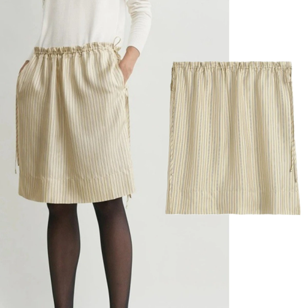 

Maxdutti French Minimalist Striped Drawstring Elastic Waist Loose Mini Skirt Commuting Casual Women's Skirt Woman Clothing Falda