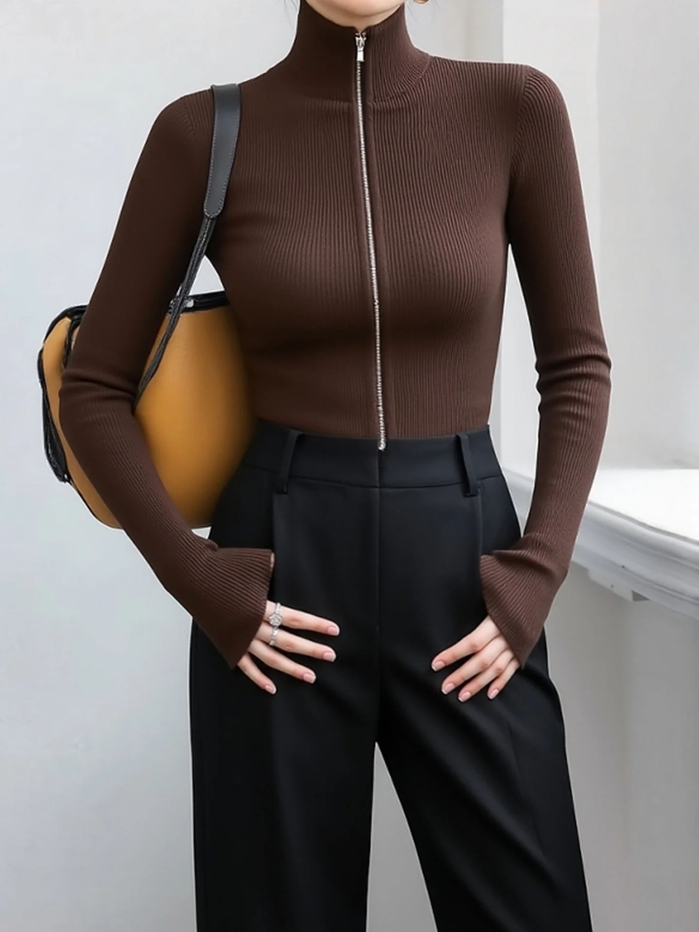 Cardigan lungo con cerniera a collo alto, maglione lavorato a maglia di colore caldo, top lavabile per le donne, vestibilità regolare