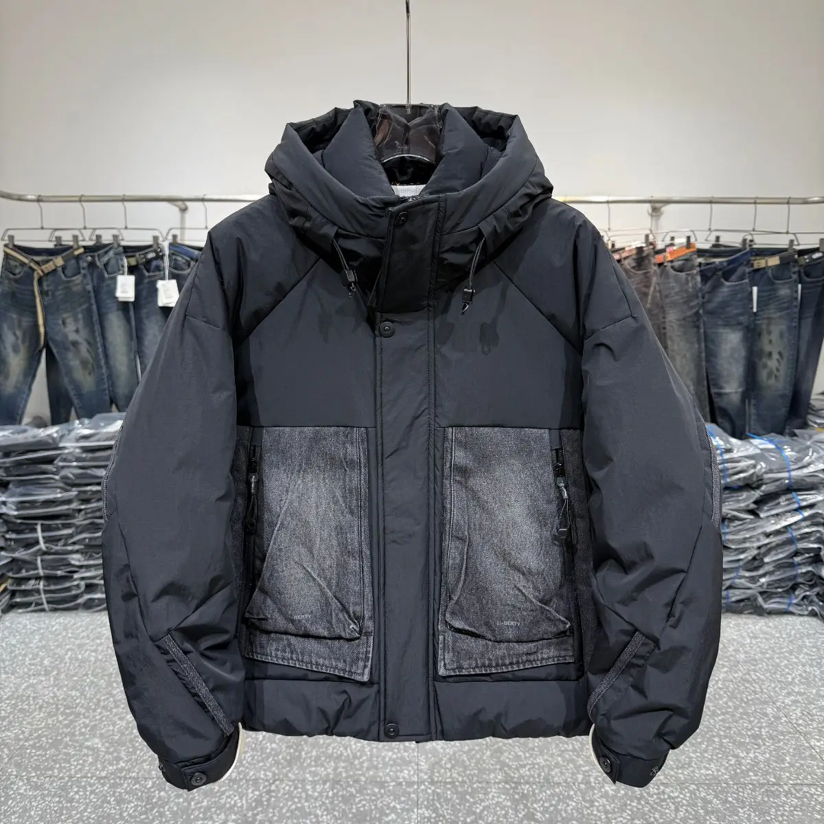 

Winter Thickened Warm Hooded Duck down Jacket Men's Casual Style Nylon Fabric Anti-Cold Denim Patchwork Coat Youth Size