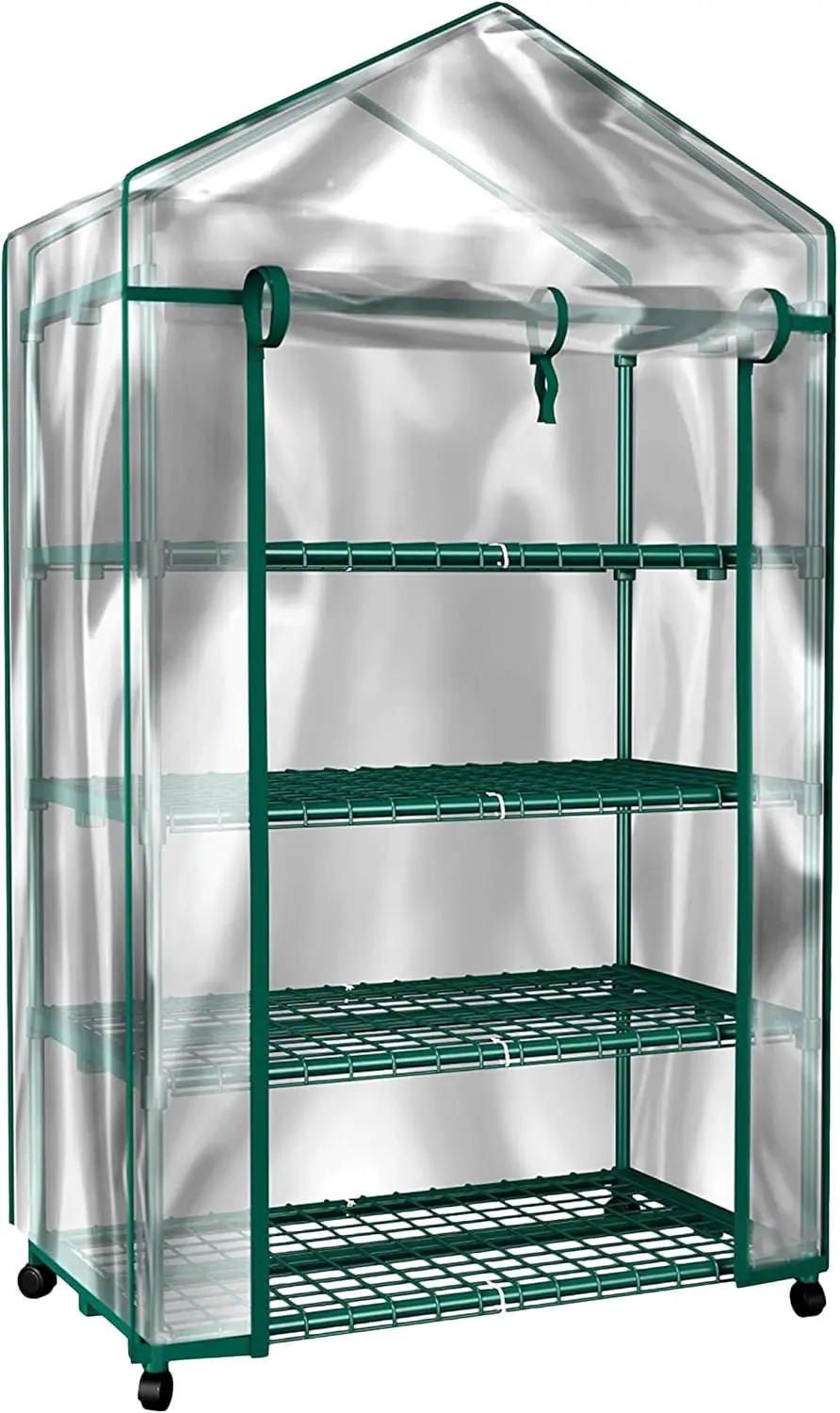 

4 Tier Mini Greenhouse - Portable Greenhouse with Locking Wheels and PVC Cover for Indoor or Outdoor - 27 x 19 x 63-Inch Green H