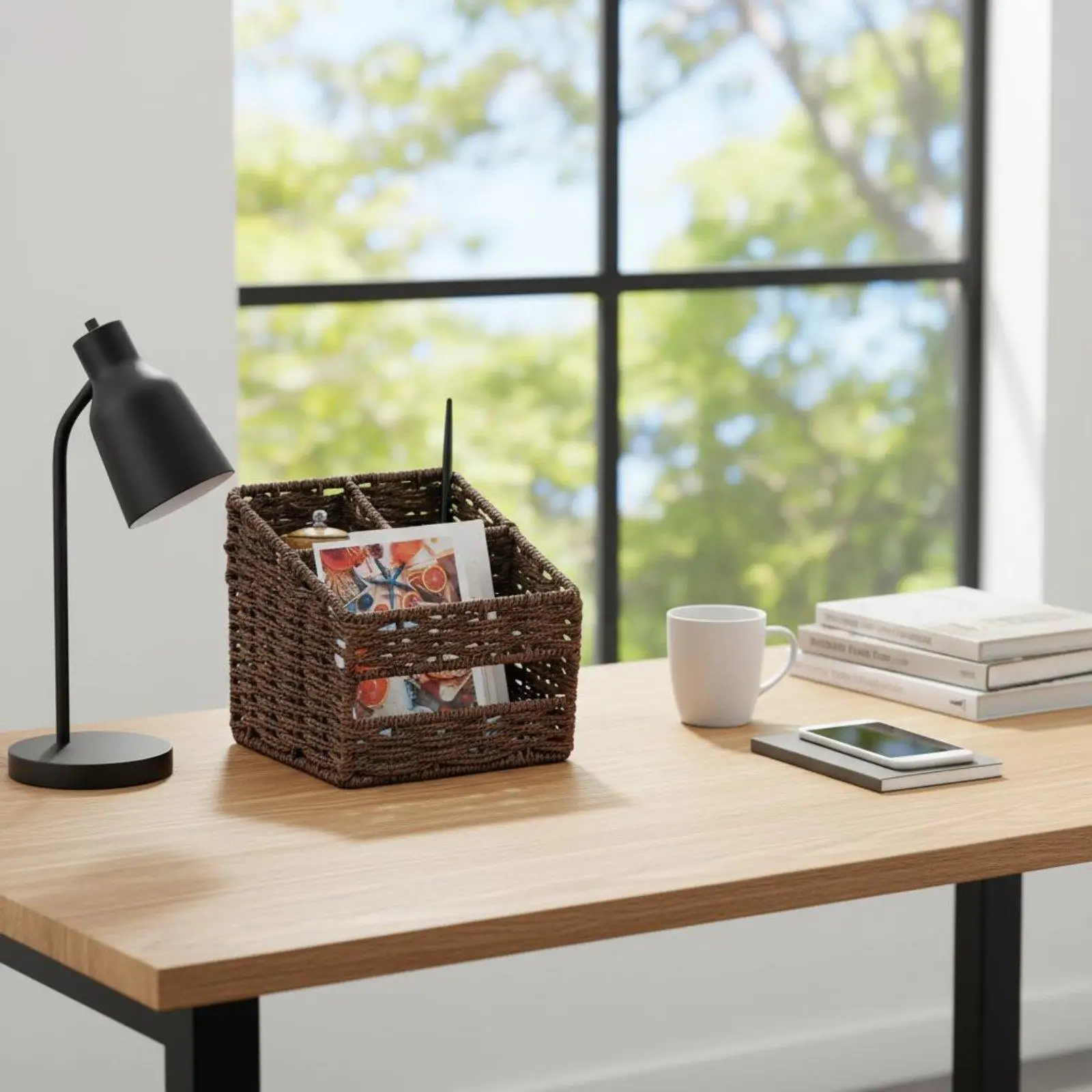 Multi-Compartment Woven Basket Handwoven Multi-Compartment Desk Holder Decorative Accent Entryway Key and Mail Holder for