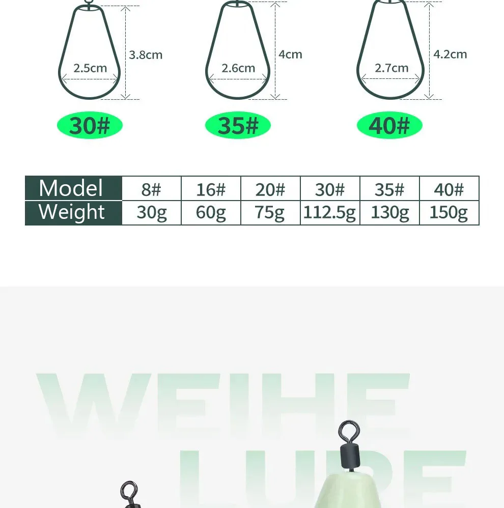 WEIHE Größe 8 # 30g Größe16 # 60g Größe20 # 75 g Größe 30 # 112,5 g Größe 35 # 130g Größe40 # 150 g leuchtendes Bleisinker – Detail 8