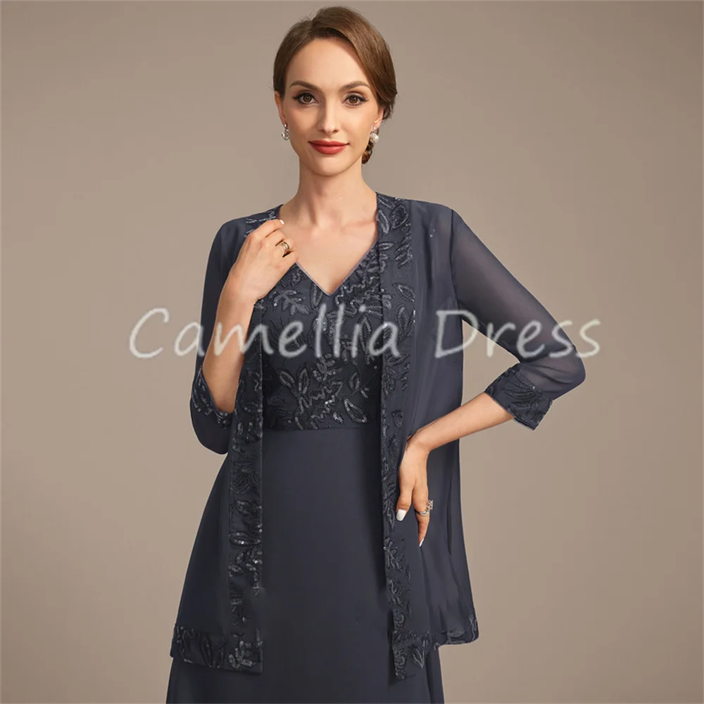 New V-Neck Mother Of The Bride Dress Ankle-Length Chiffon Lace Sequin A Line Formal Dresses Vestidos Mae Da Noiva Casamentos