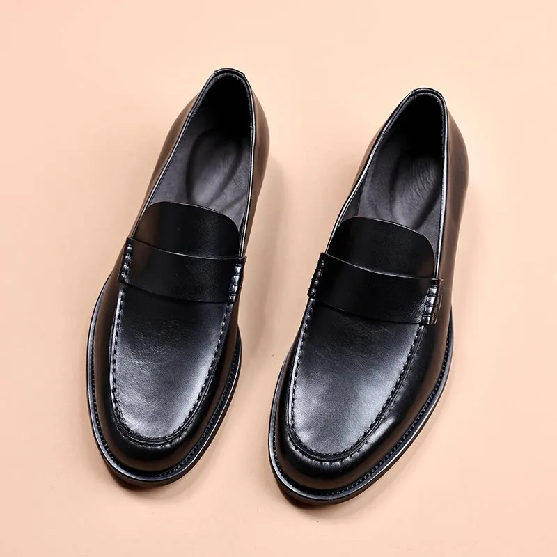 

Designer Genuine Leather Shoes Men's Luxury Fashion Casual Business Cow Leather Trendy Loafers Male Round Toe Dress Black
