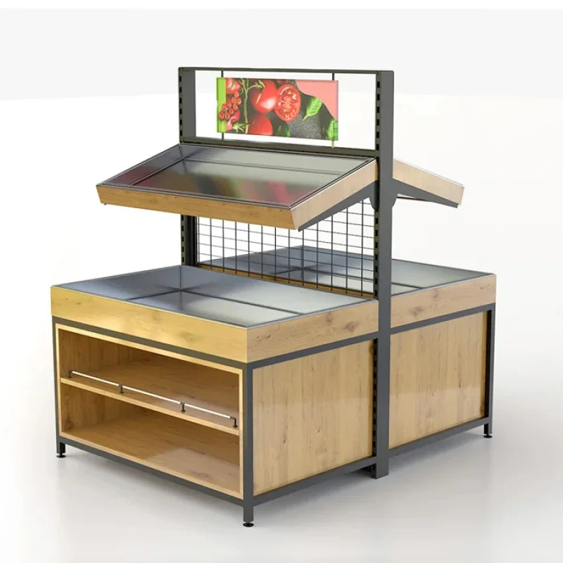 custom.Good Quality Wood and Metal Fruit and Vegetable Display Rack Supermarket