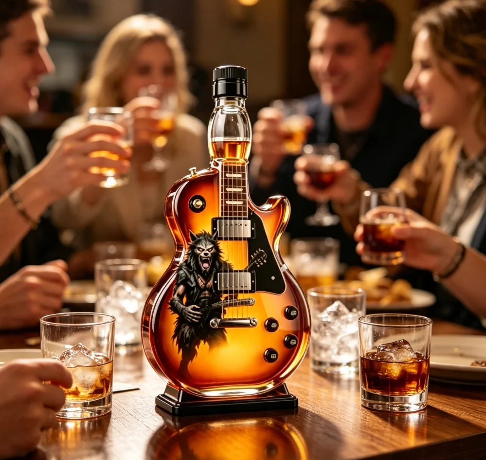 Rock Themed Creative Electric Guitar Shaped Whiskey Decanter with Wolf Pattern Glass Spirit Bottle for Household Wine Container