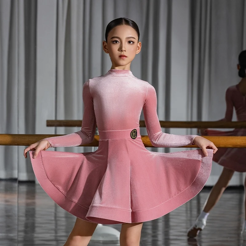 2025 New Latin Dance Competition Clothing For Girls Pink Velvet Long Sleeved Split Skirts Suit Chacha Rumba Latin Wear  DQS20014