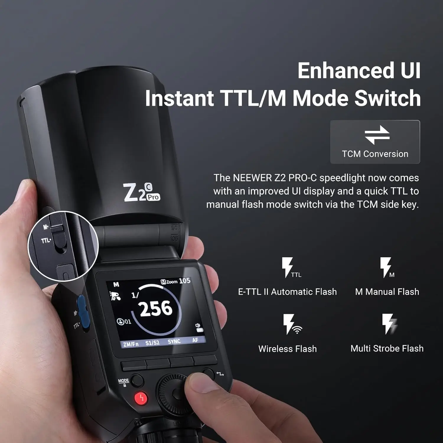 NEEWER Z2 PRO 2.4G TTL 라운드 헤드 플래시 스피드라이트 무선, 니콘/소니/캐논 카메라용 Godox TTL/M TCM 스위치와 호환 가능