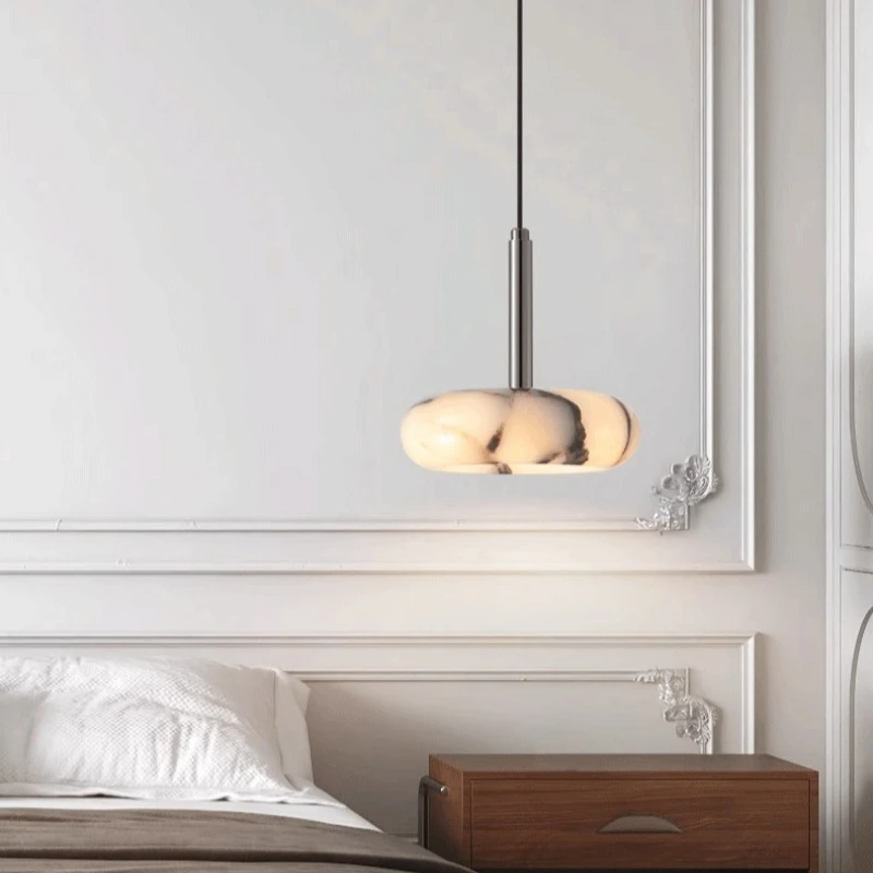Round Natural Cloud Stone Pendant Lights High-end Bedroom Bedside LED Chandelier Living Room