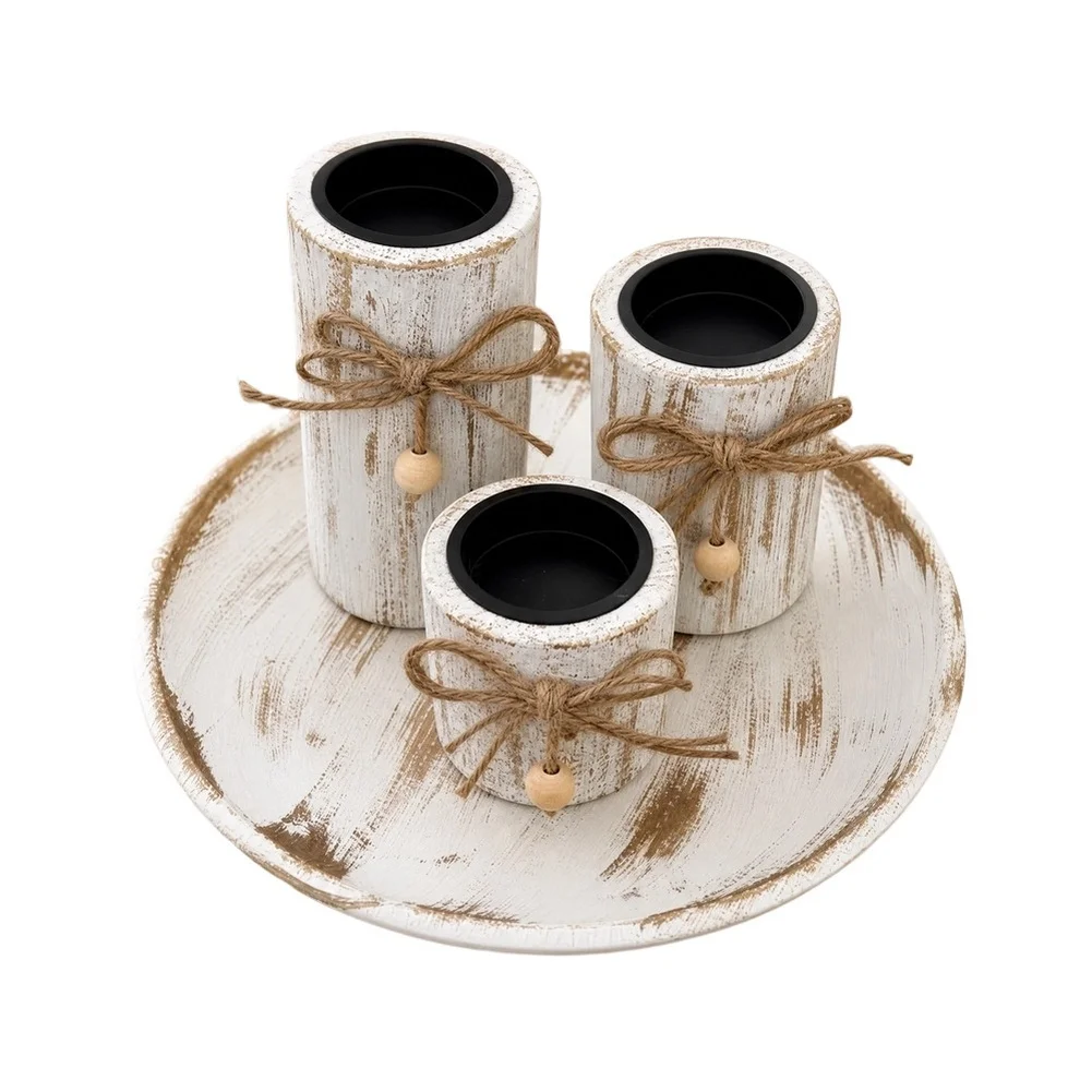 Wooden Candle Holder Set for Scandinavian Interiors with Three Complementary Heights 4x4x11.5cm 4x4x8.5cm 4x4x5.5cm