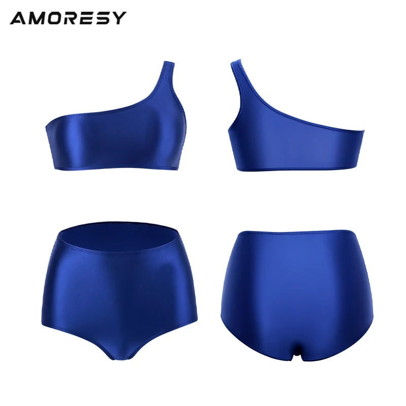 AMORESY damskie seksowne błyszczący olejek kąpielówki Bikini na jedno ramię surfingowe stroje kąpielowe Spandex komplet bielizny strój kąpielowy z