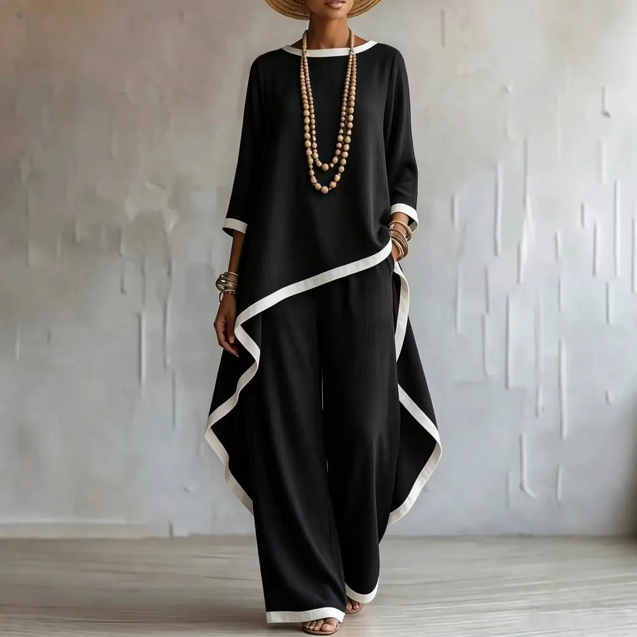 New Old Money Style Cotton And Lines Irregular Design Long Sleeve Blouse And Wide Leg Pants. Two-piece Women's Set Bandage Maxi