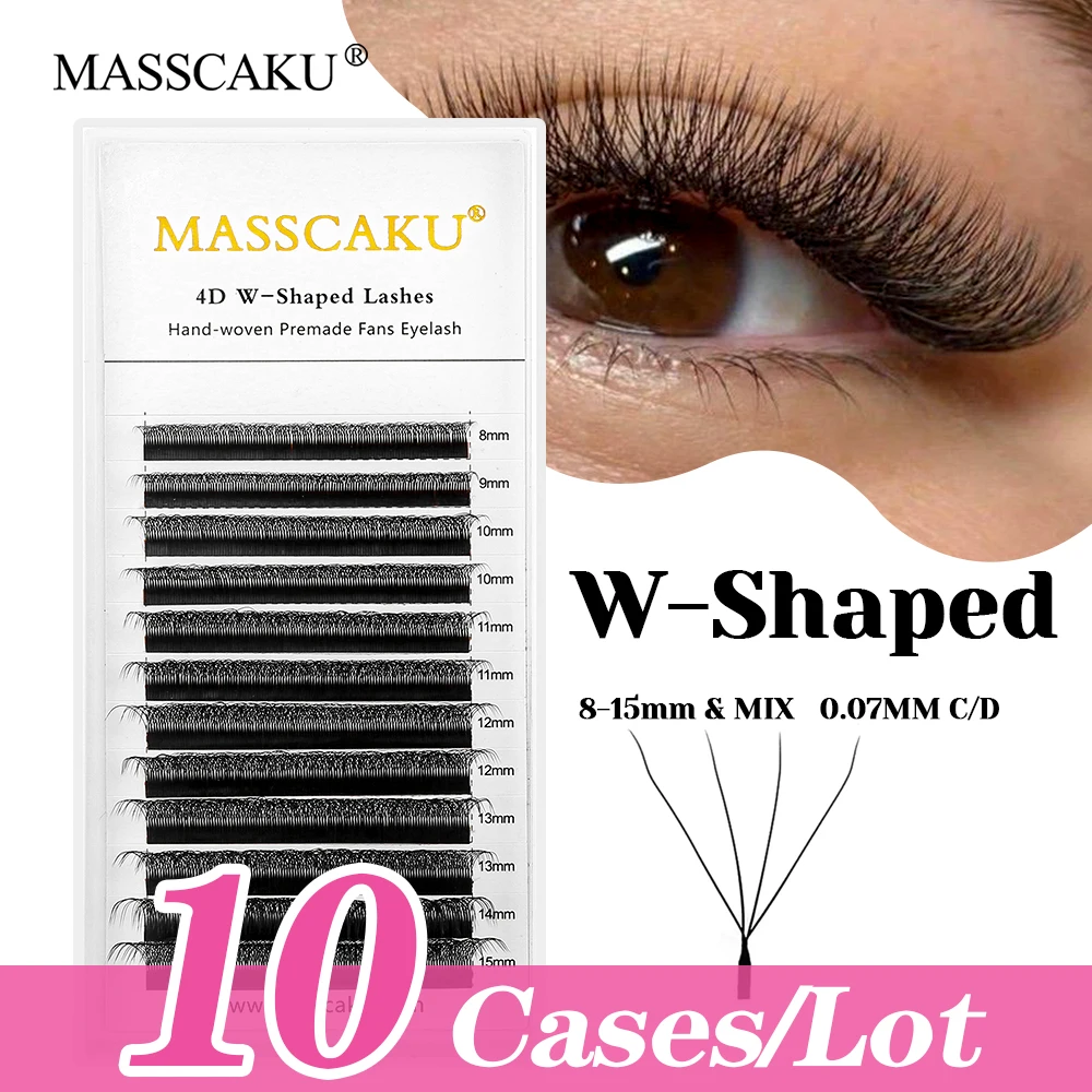 

MASSCAKU Customized Private Label 10cases/lot Matte Black W Style Lashes Handmade W Shaped Premade Fans Lash for Beauty Salon