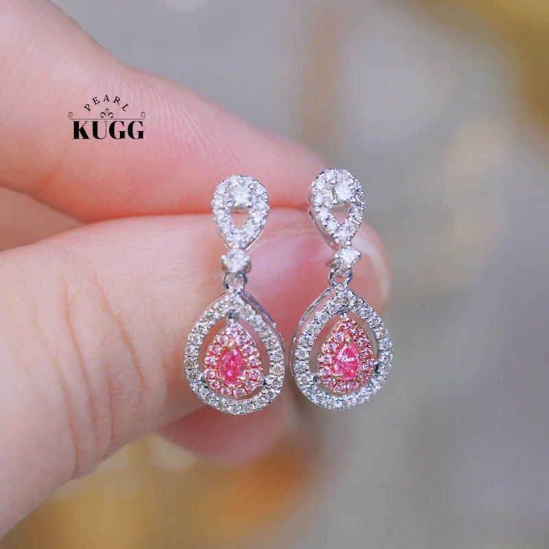 KUGG 18K White Gold Earrings Shiny 0.60carat Real Natural Pink Daimond Drop Earrings for Women Gentle Style High Wedding Jewelry