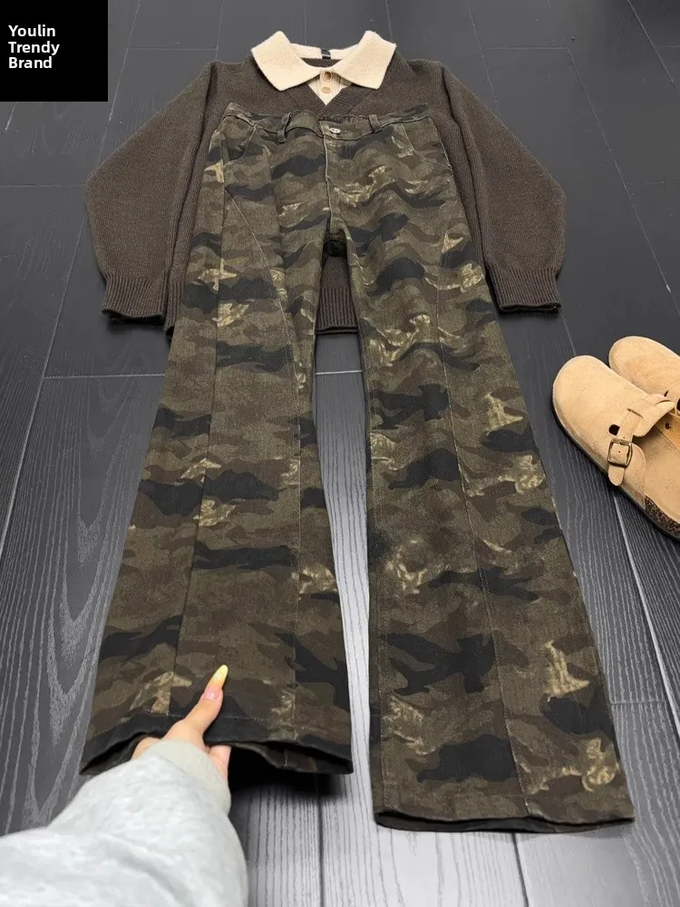 

American Retro Camouflage Fce Lined Straight Leg Jeans Men's High Street Vibe Cleanfit Flared Workwear Casual Trousers