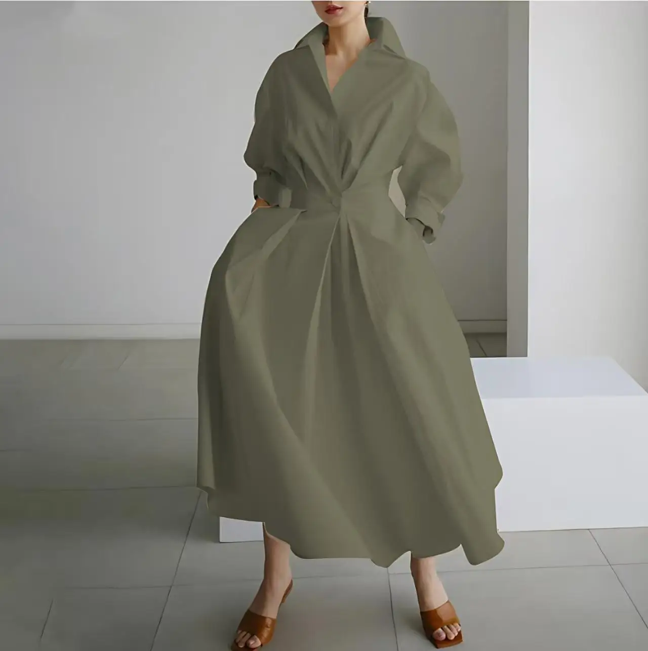 Elegante Damen-Sommerkleider 2026, lockeres A-Linien-Maxikleid mit langen Ärmeln und Taschen, für Büro, Pendler, Straßen- und Freizeitmode. – Detail 4