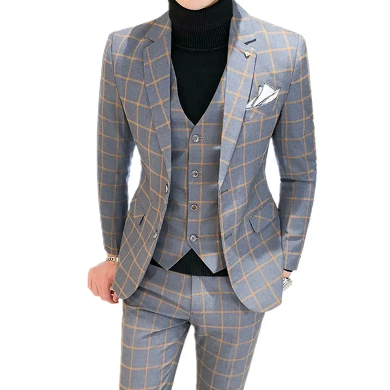 Men Dress Blazers Pants Vest 3 Piece Set / Male Wedding New 2024 Autumn Business Formal Plaid Suit Luxury Slim Fit Coat Trousers