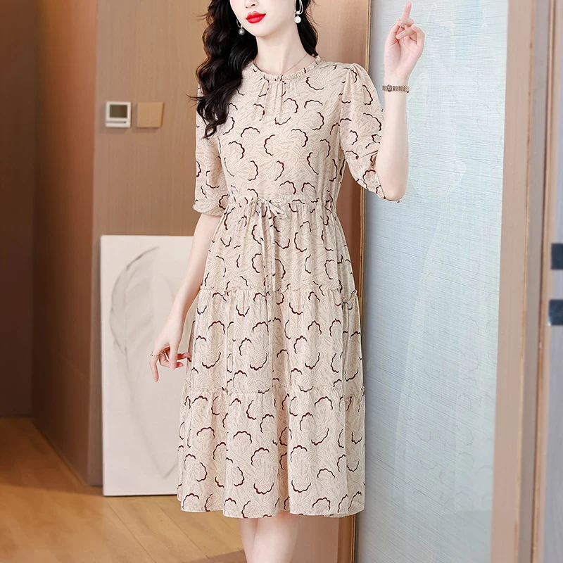 2025 Summer Luxury Silk Casual Midi Dress Women's Vintage Print Beach Elegant Evening Dress Spring Holiday Boho Hepburn Vestidos