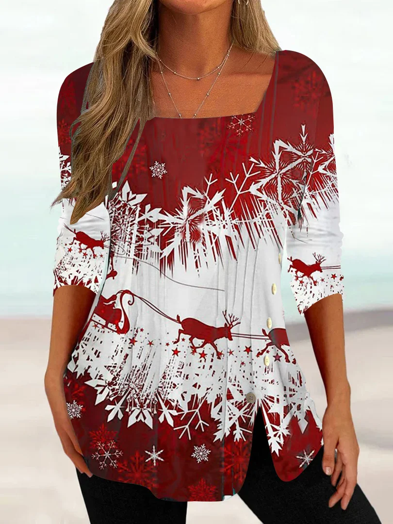 Plus Size Women Long Sleeve U-neck Printed Graphic Tops