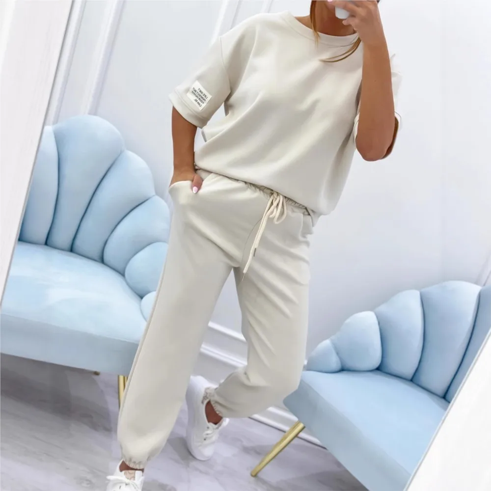 Feminino casual calças diárias conjunto 2025 verão moda em torno do pescoço de manga curta camiseta + calças com punho de renda conjunto de duas peças roupas esportivas