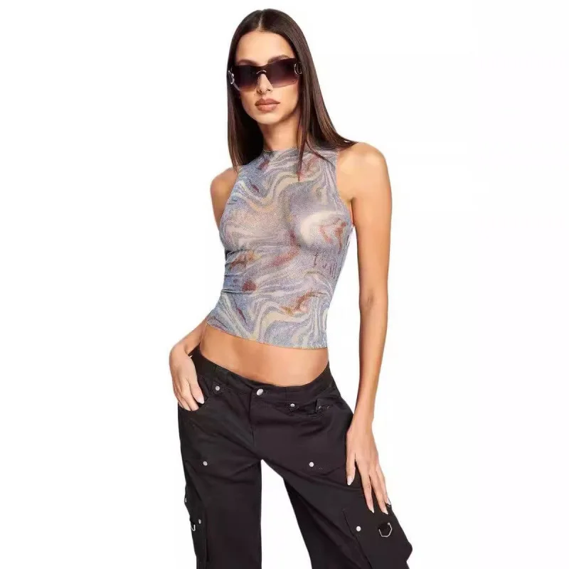

Iamgia Spice Girls Marble Stripe Slim Showing Printed Sleeveless Mesh Vest Hanging Neck Top Short