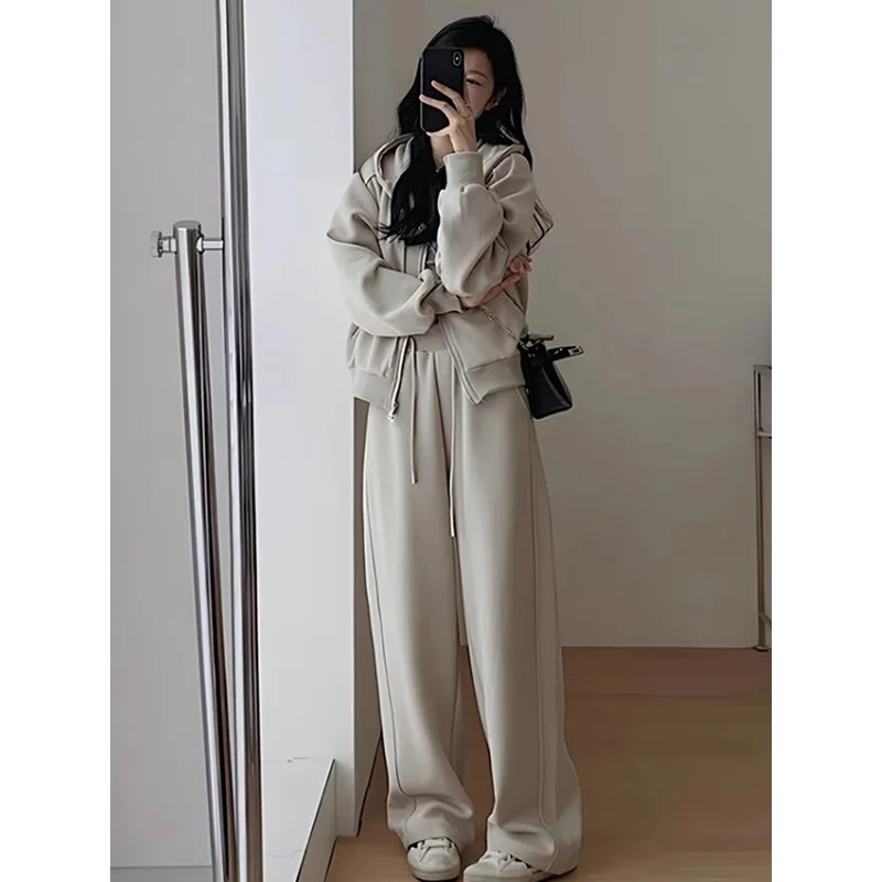 2024 Autumn Winter New Solid Loose Women\'s Hoodie and Sweatpants Two Piece Set Korean Fashion Y2k Zip Up Hoodie Sweatshirts