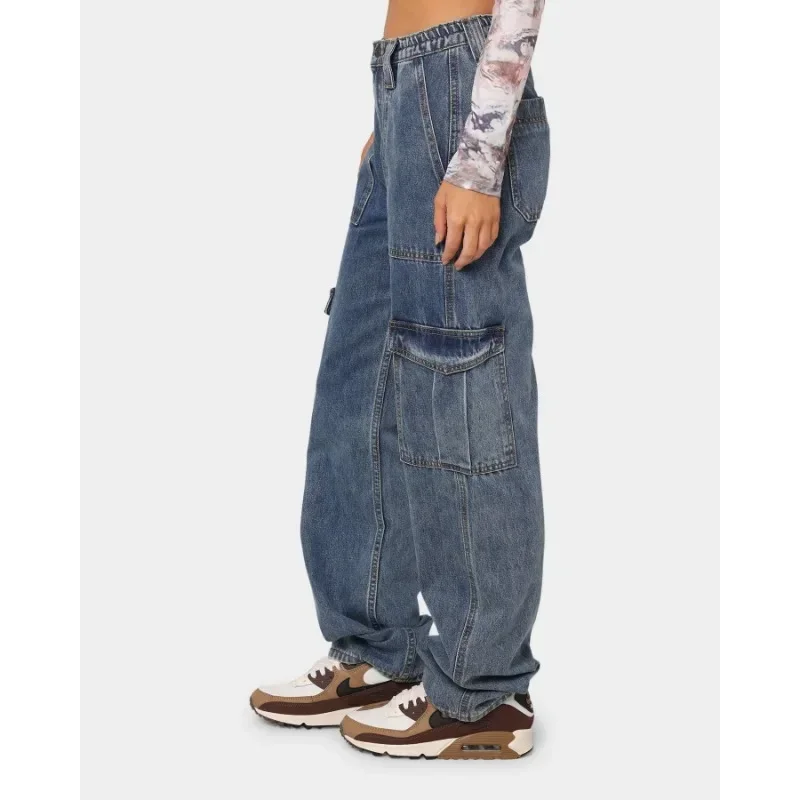 Calças jeans de perna larga para mulheres, streetwear multi-bolsa, jeans de cintura alta, calças soltas, cintura elástica, tendência