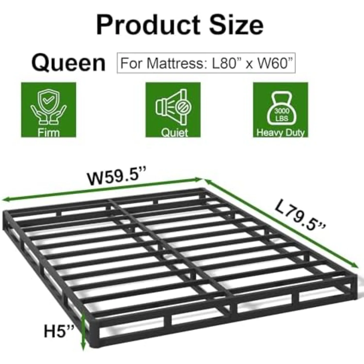 Box Spring Queen Size Bed Base, 5 Inch Low Profile, 3000 LBS Heavy Duty Metal Mattress Foundation with Fabric Cover