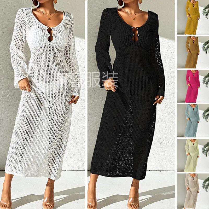 Robe longue à col en V amissié pour femme, cover-up pour maillot de bain, tenue de plage, vêtements féminins, manches longues, bouton rond, sexy, vacances, soleil, 2024