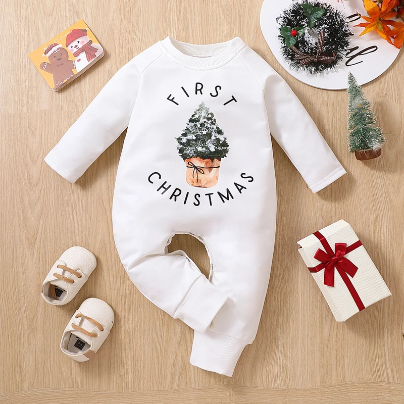 Bebê meninas meninos roupa de natal macacão carta árvore impressão manga longa playsuit macacões natal pulôver bodysuits criança roupas
