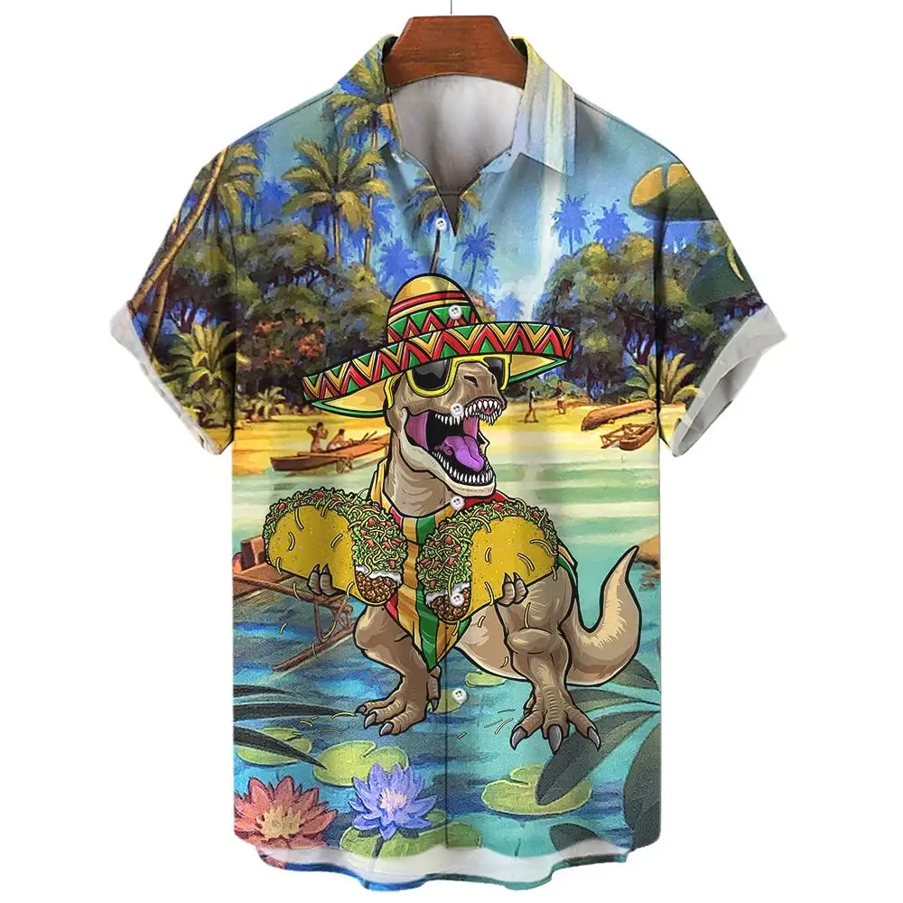 Hawaiian Shirt 3d Printed Cartoon Dinosaur Short Sleeved Shirt For Men Outdoor Casual Men\'s Clothing Oversized Streetwear 5xl