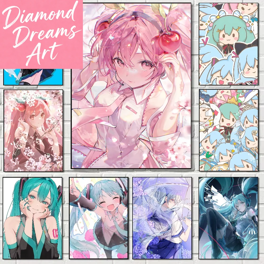 5D DIY H-Hatsune Miku Anime Cartoon Mädchen Diamant-Malerei Kunst Wandbilder Deko Spielzimmer Dekoration Geschenke, rahmenlos