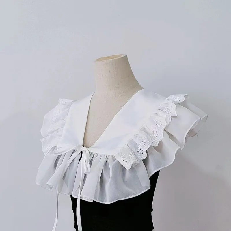Japanese Style Double Layer Ruffled False Collar, Sweet Girly Detachable Lace Shawl Collar for Women Blouse Dress Decor