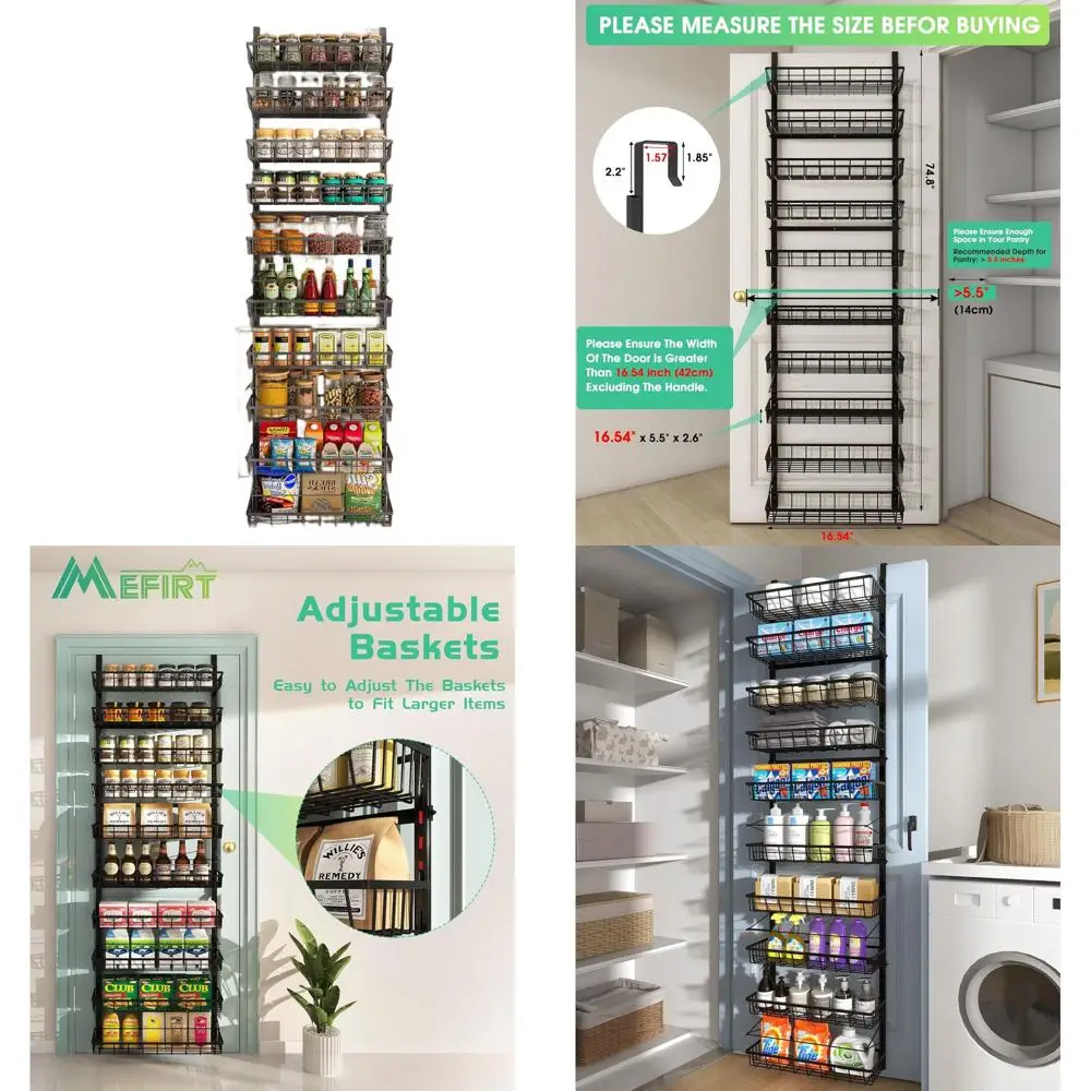 

10-Tier Door-Mounted Pantry Organizer, Adjustable Metal Baskets, Black Wall Spice Rack for Kitchen Storage