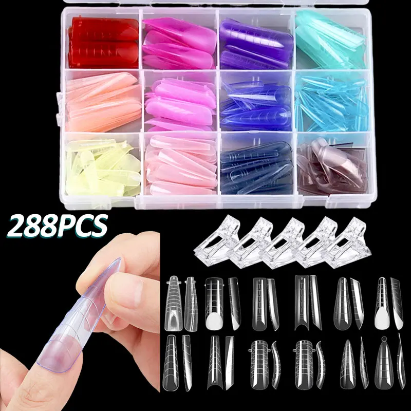288/144 Stück bunte Dual-Form-Nagelformen, wiederverwendbar, mehrere Nagelformen für Gel-Erweiterungen, Acryl, falsche Nagelspitzen, DIY-Werkzeugset