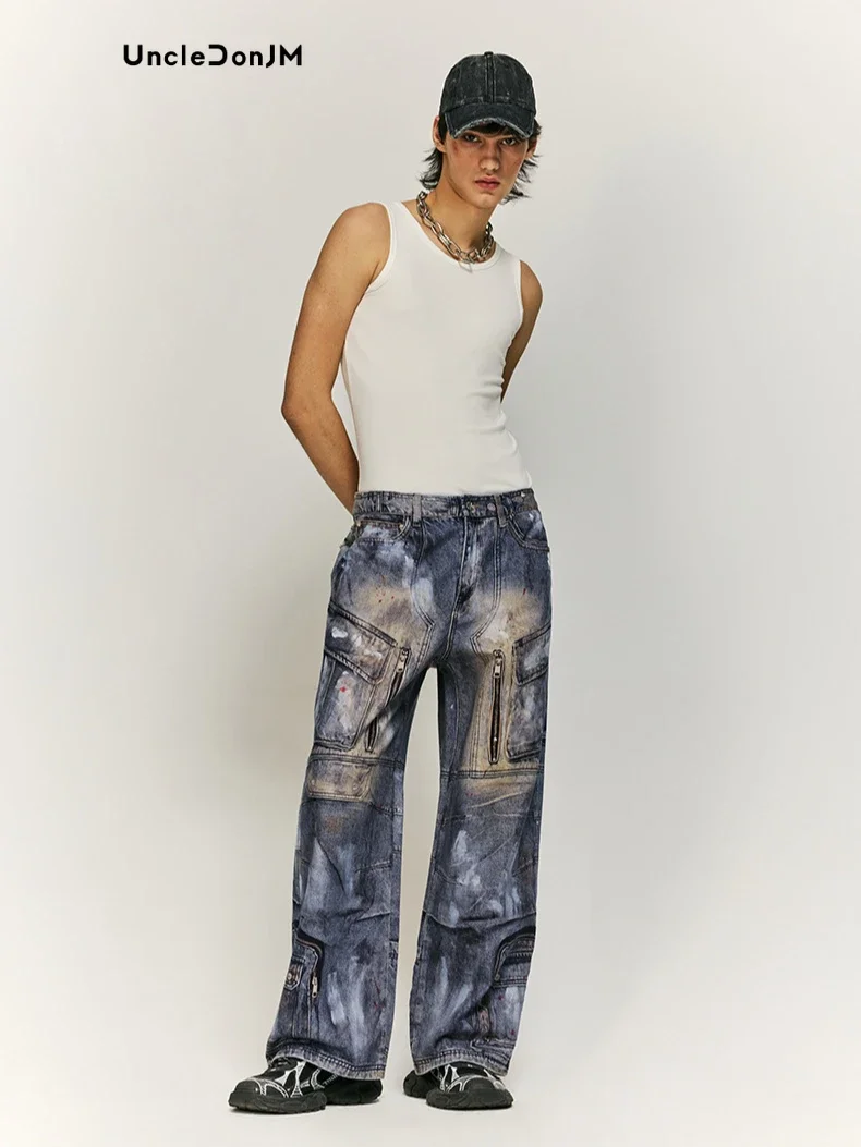 Multi-pocket Inkjet Digital Printing Jeans 2024 Autumn and Winter Street Trousers for Men and Women