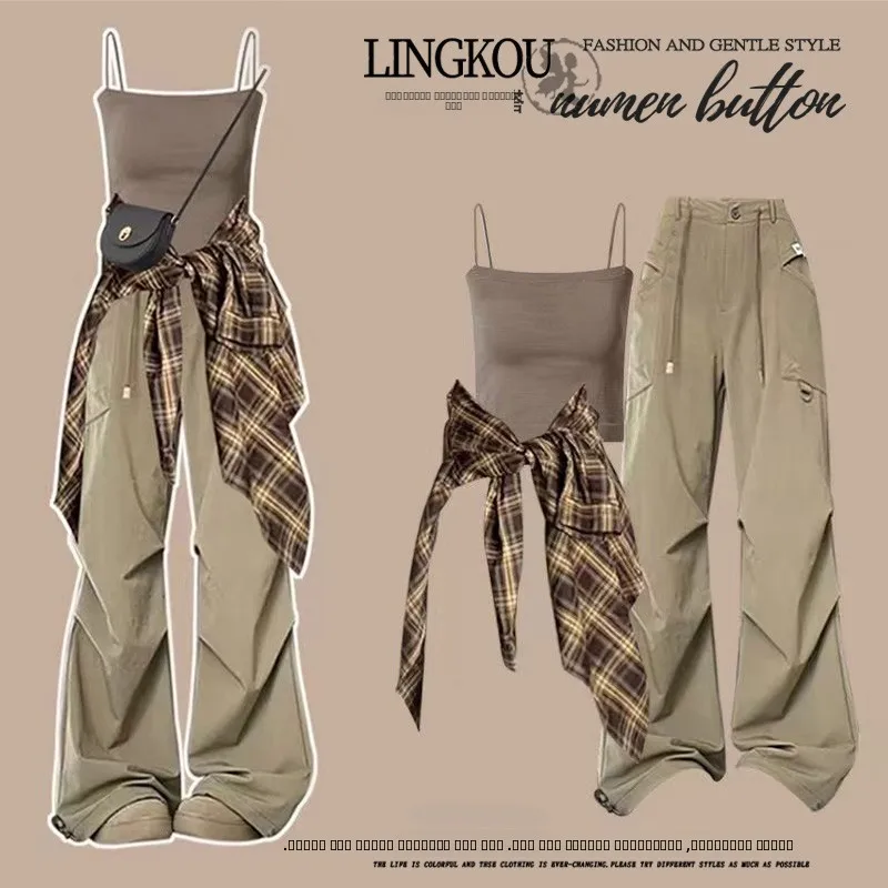 

Anti-Aging Street Sle Set Women's Early Autumn Plaid Long Sve Top with Faionable Wide Leg Casual Pants Ensemble