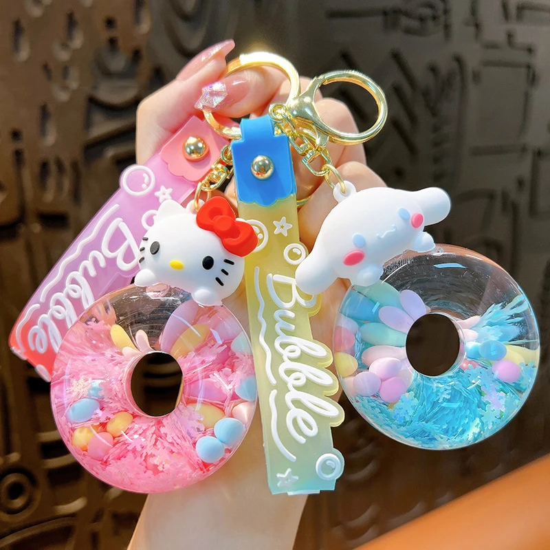 Hello Kitty Donut Kuromi Cinnamoroll Keychain Acrylic Quicksand Bottle Cartoon Figure The Bell Cute Backpack Pendant Gift