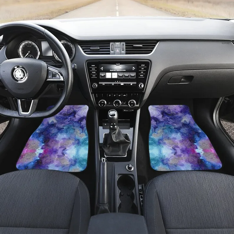 Purple Artistic Ink Car Mats Colorful Happy Artistic, Car Accessory Floor Mats Set of 4 Front and Back Blue Watercolor