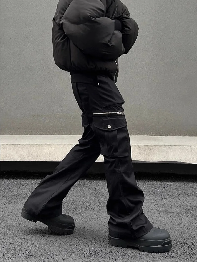

American Retro Functional ket Zip Work Trousers Casual Loose Fit High Waist Long Pants Bell Bot for Men And Women