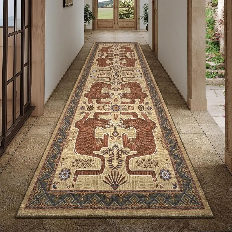 Vintage Oriental Tiger Runner Rug Soft Non-Slip Ethnic Animal Print Hallway Carpet for Kitchen Entryway Bedroom Laundry Room