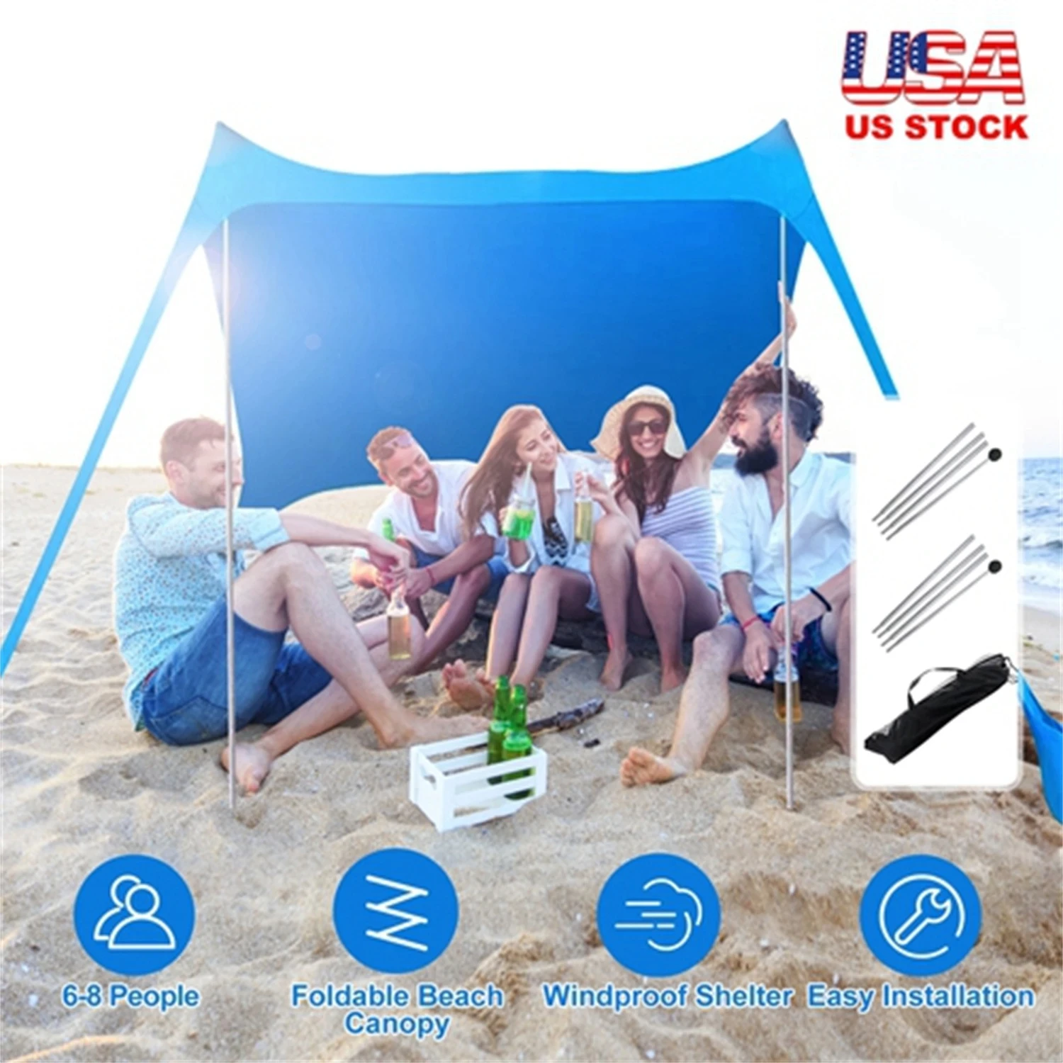 6.5x6.5FT Foldable Beach Canopy Tent Collapsible Shade Sail Sun Protection Windproof Shelter 4 Sandbag 2 Pole Portable Storage B