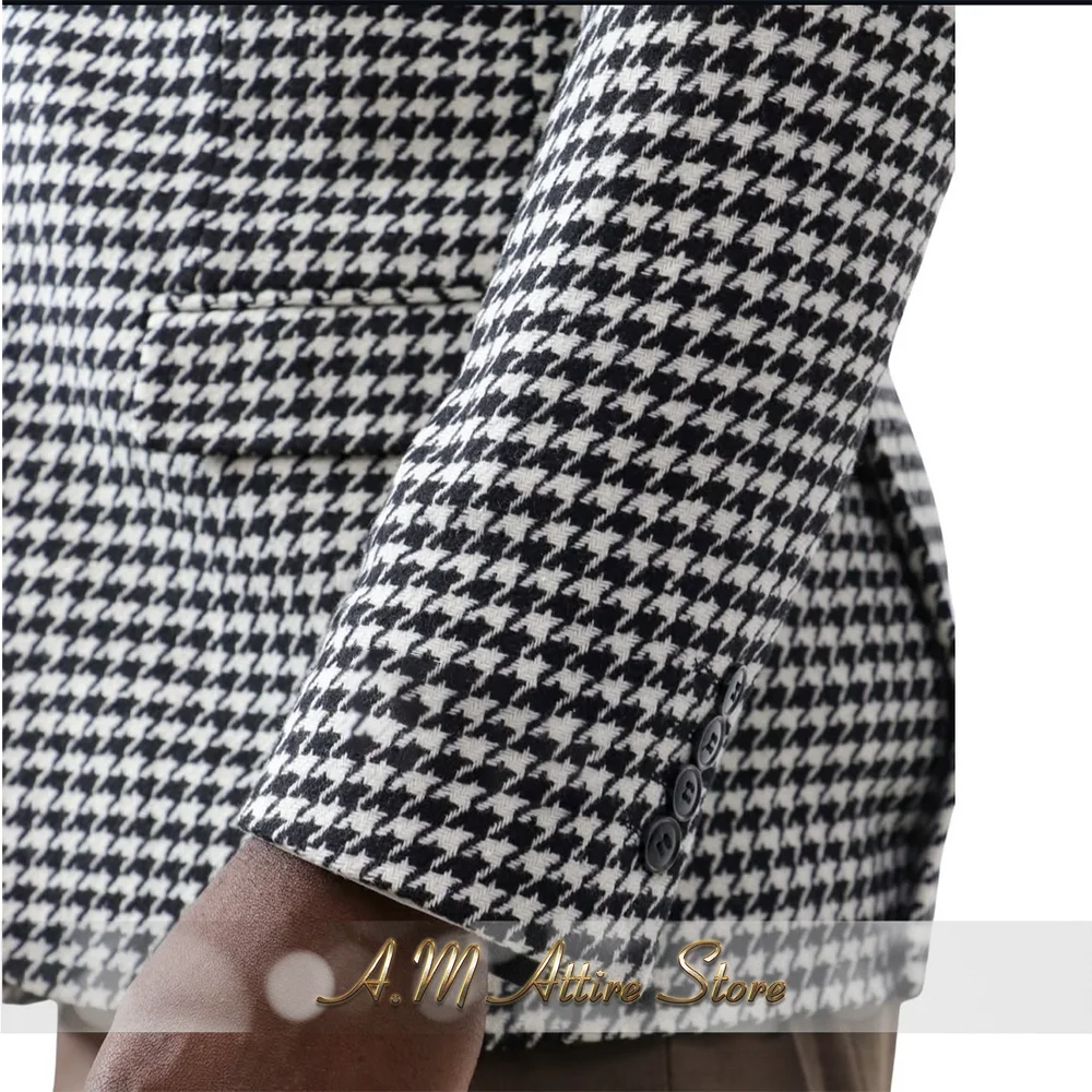 Men's Suit Jacket Black and White Houndstooth Pattern Notch Lapel Blazer for Daily Meeting Wedding Banquet Party Custom Tuxedo