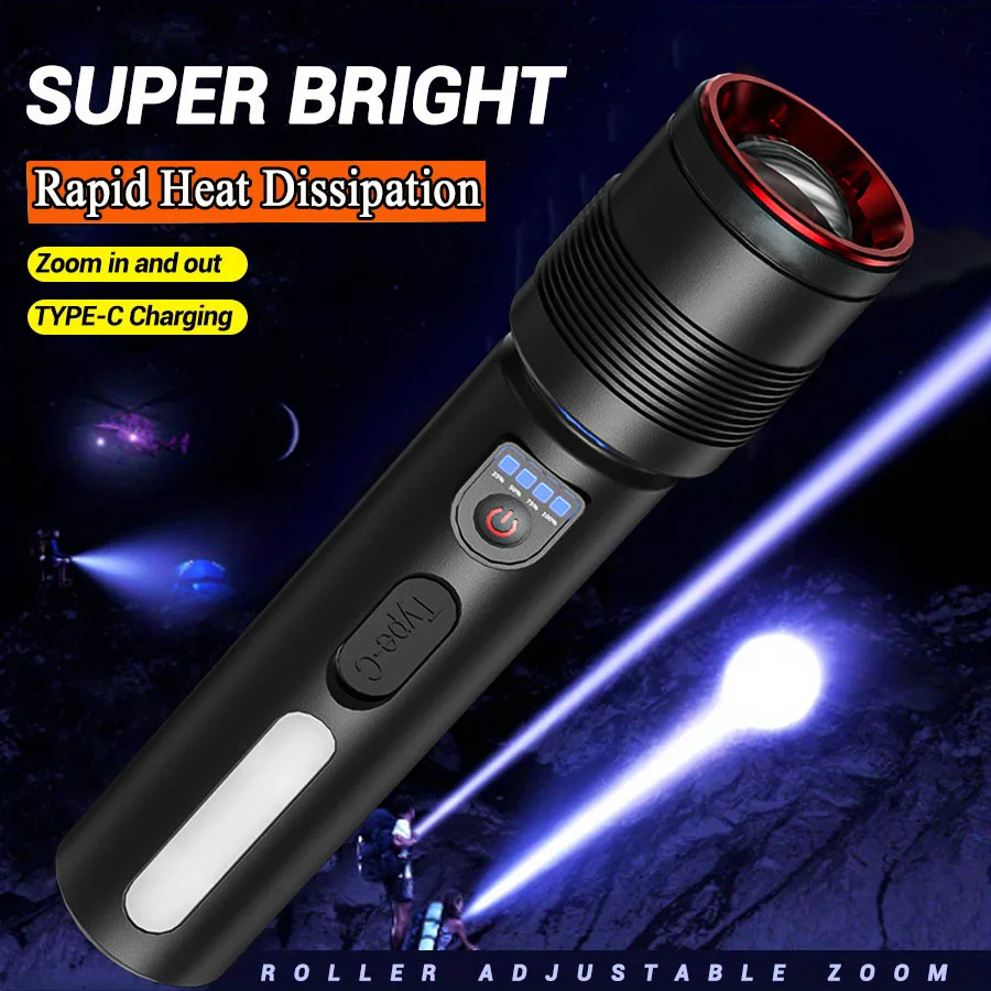 KENUSN High-Power Spotlight Remote LED Flashlight, Type-C Rechargeable Variable Zoom Tactical Flashlight with Power Supply