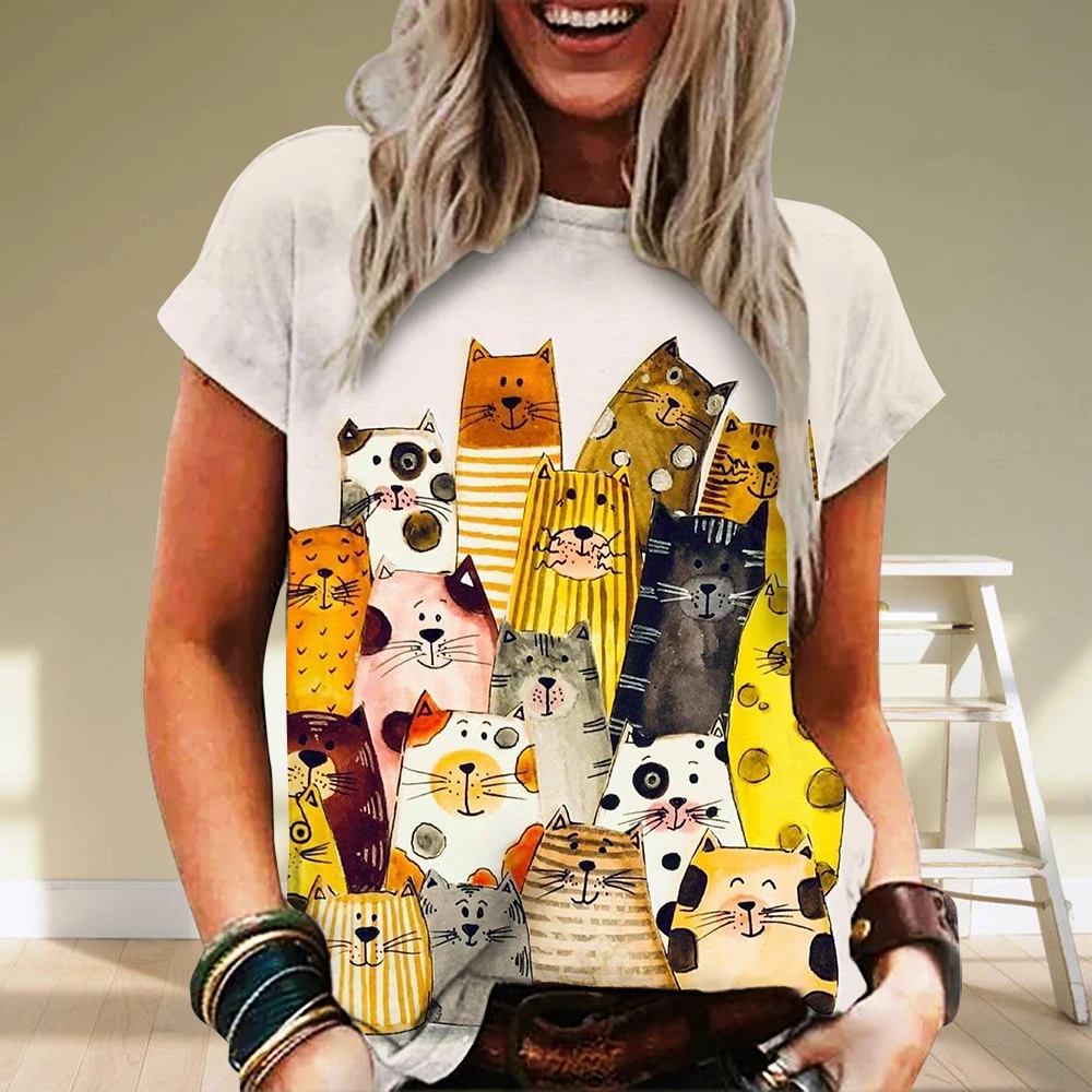 Summer Women Cartoon Cat T-Shirt Fashion Trend Tops Ladies Casual Short Sleeve 3D Printed Clothing Girls O-Neck Elegant Tees