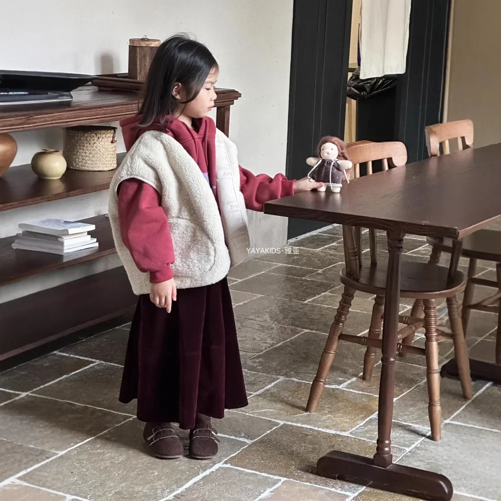 Vest Hoodie Skirt Winter New Korean Fashion Solid Color Fur Integrated Soft Vest Hoodie Velvet Skirt Kids Clothes