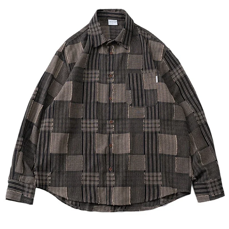 Japanese Autumn and Winter Men's Personalized Irregular Grid Splicing Loose Casual Style Women's Long Sleeved Shirts