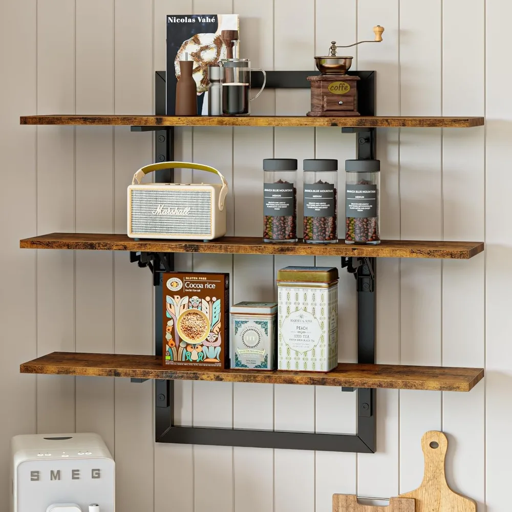 

Floating Shelves for Wall, 32 inch Kitchen Shelves Wall Mounted, 3 Tier Coffee Bar Shelf with Foldable Brackets, Industrial Dis