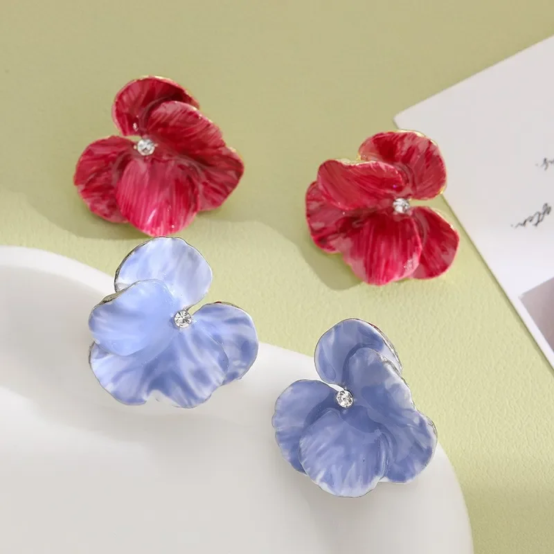 New Butterfly 3D Petal Flower Enamel Blue Geometry Stud Earrings Korean Jewelry Female Birthday Friend Christmas Gift