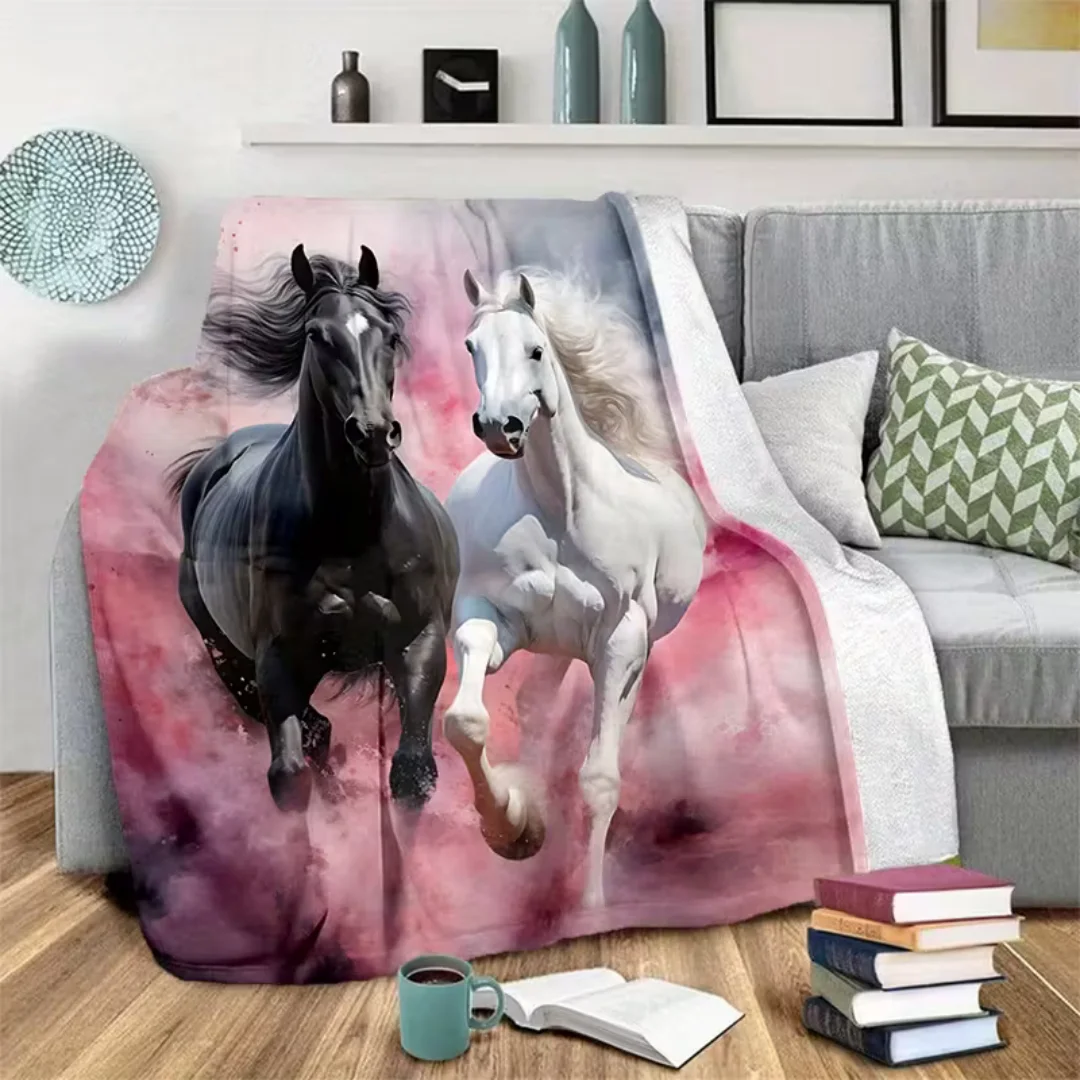 One Pc Pink Blanket Love Black White Horse Printed Throw Blanket Winter Kids Couch Bed Fluffy Bedspread Birthday Gift For Adult